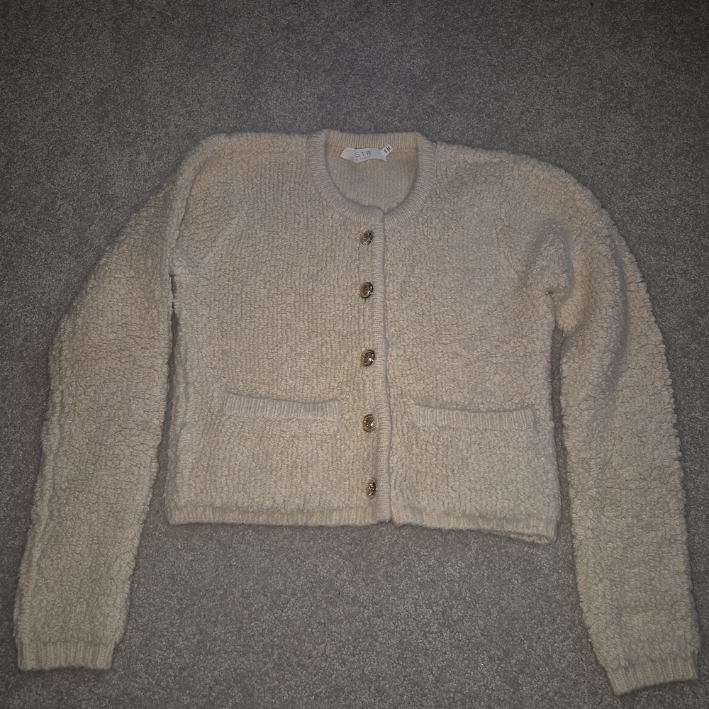 ASTR The Label Cream Bouclé Button-Up Cardigan- Cropped